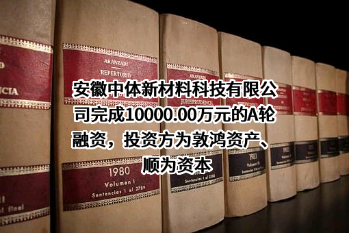 安徽中体新材料科技有限公司完成10000.00万元的A轮融资，投资方为敦鸿资产、顺为资本